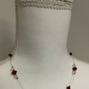 Red Clear Crystal Floating Illusion Necklace Silver Tone Adjustable Extender